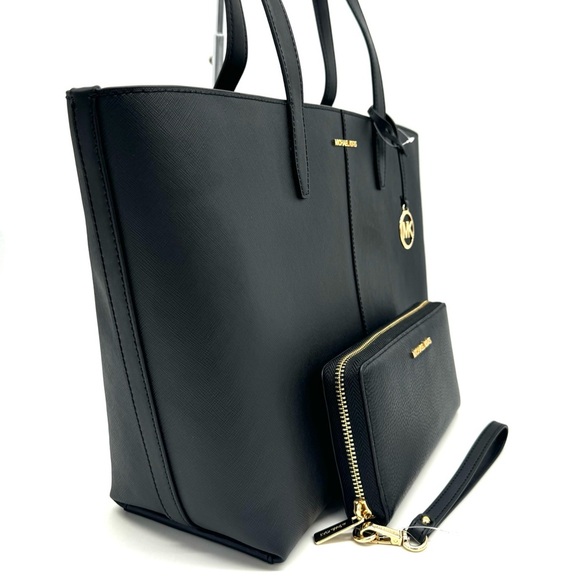 Michael Kors Medium Jet Set Travel Zip Tote Bag & Continental Wallet Black/Gold - Picture 4 of 13